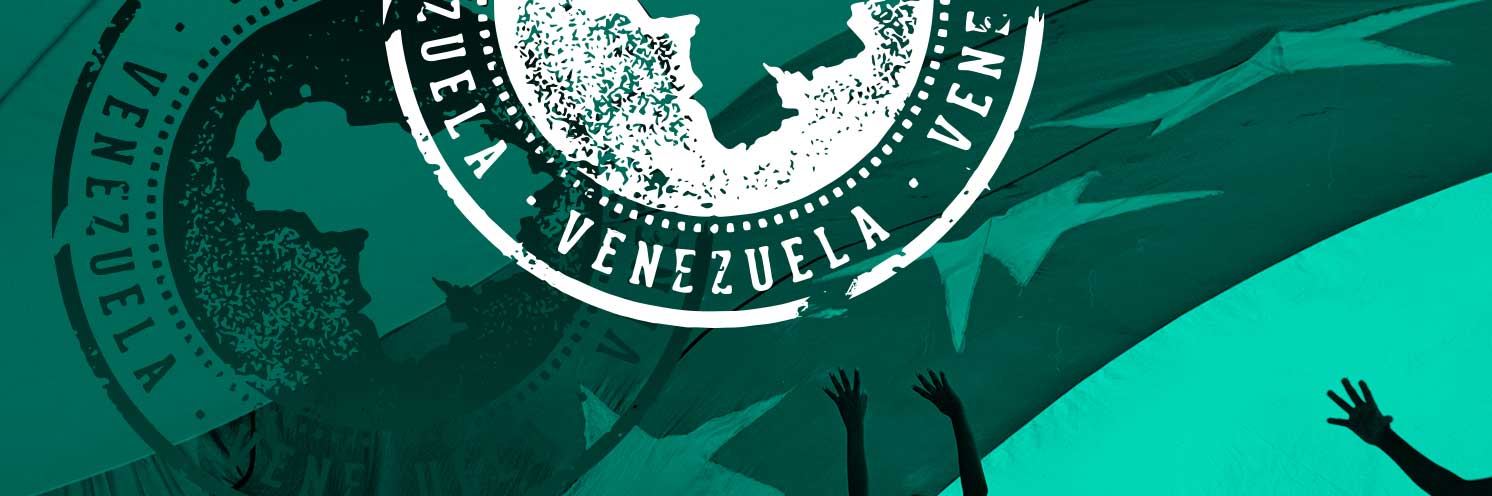 The flag of Venezuela, underneath which there are raised human arms.